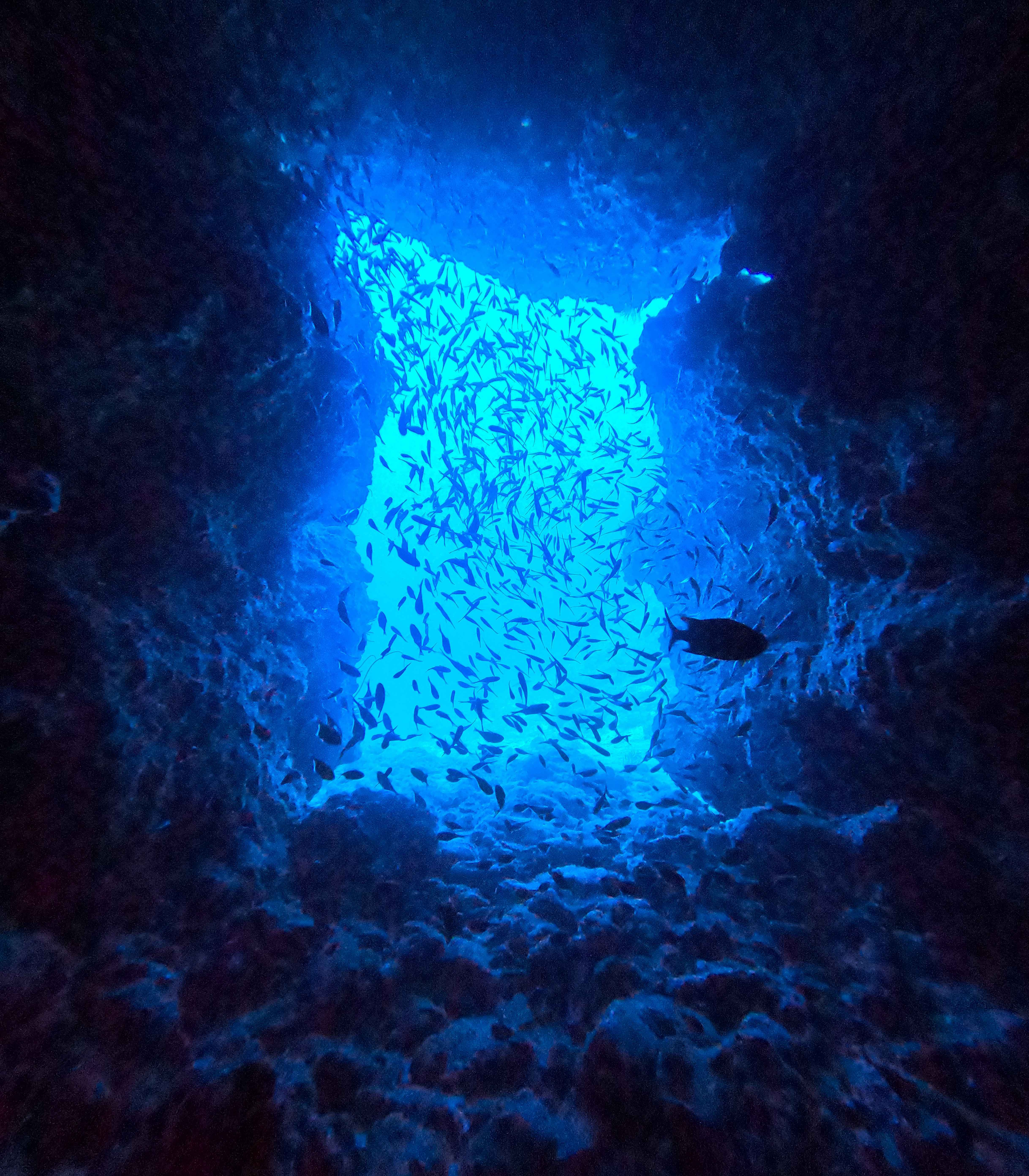 恩納村・ドリームホールの出口。光の入り方で、あの形に見えるポイントです。